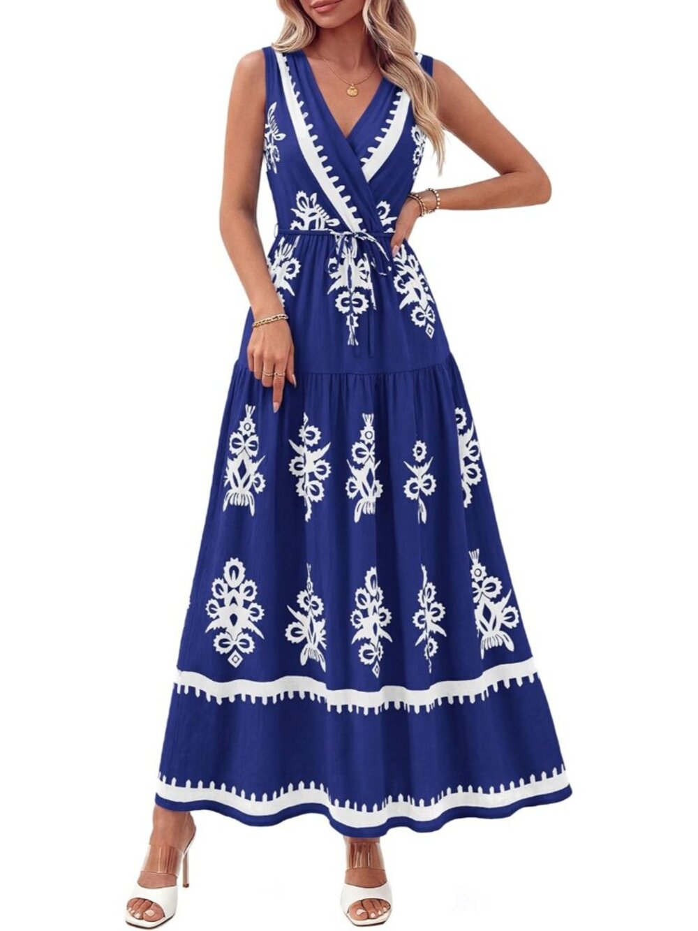 🆕 Women's Navy Blue Floral Sleeveless V Neck Belt Ruffle Imported Maxi Dress